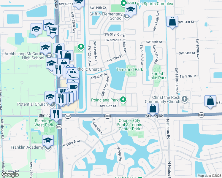 map of restaurants, bars, coffee shops, grocery stores, and more near 11745 Southwest 57th Street in Cooper City