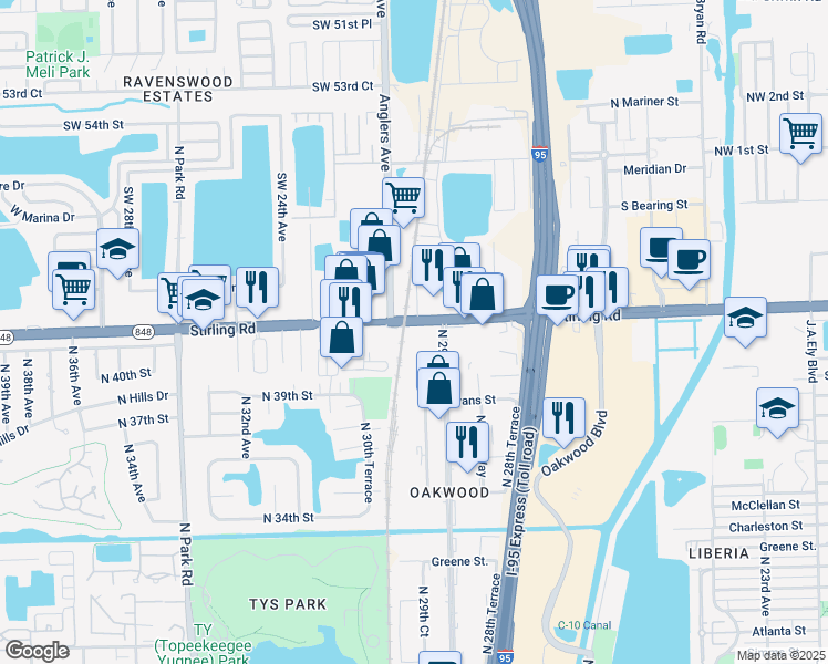 map of restaurants, bars, coffee shops, grocery stores, and more near 2910 Stirling Road in Hollywood