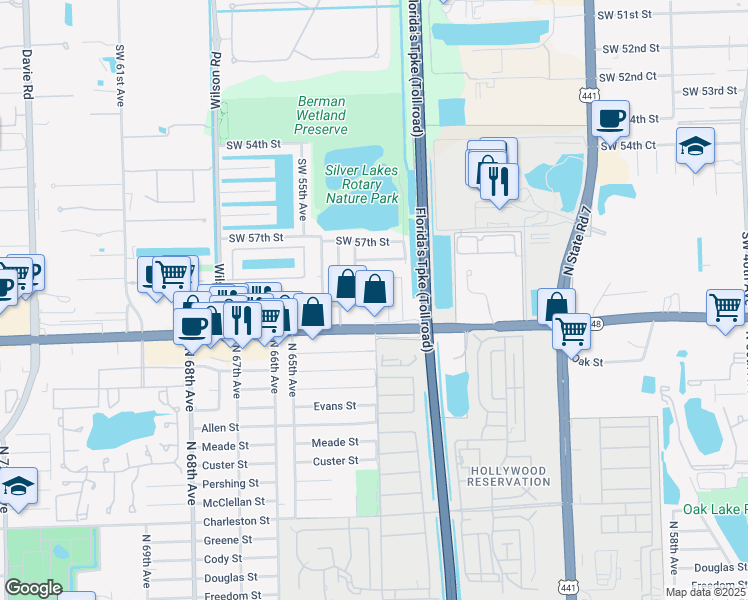 map of restaurants, bars, coffee shops, grocery stores, and more near 6119 Southwest 53rd Avenue in Davie