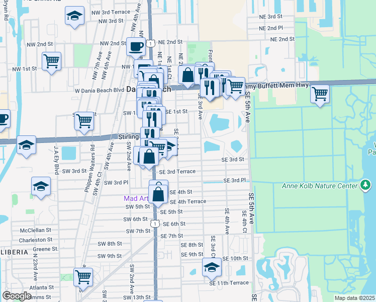 map of restaurants, bars, coffee shops, grocery stores, and more near 218 Southeast 2nd Terrace in Dania Beach