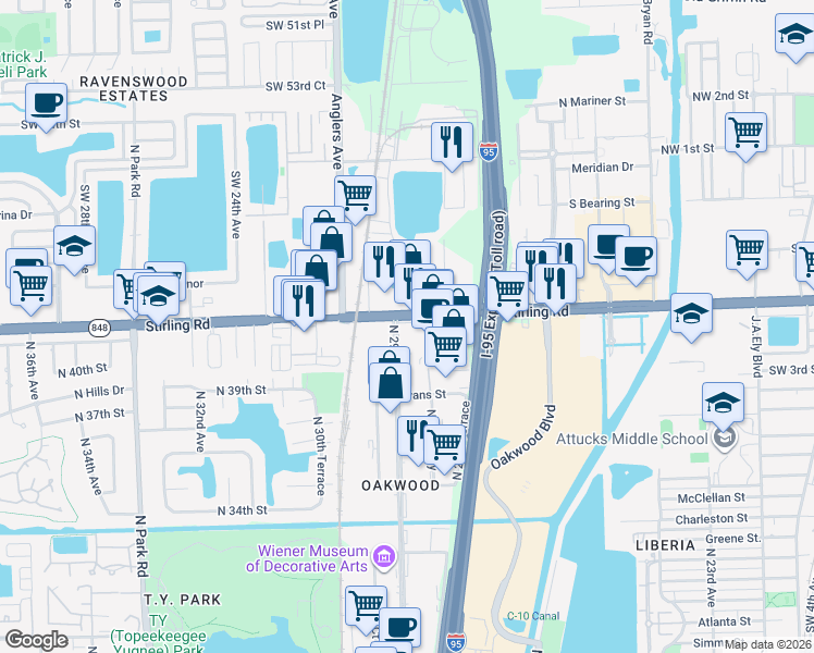 map of restaurants, bars, coffee shops, grocery stores, and more near 2870 Stirling Road in Hollywood