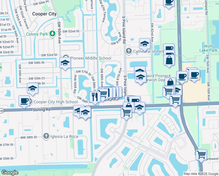 map of restaurants, bars, coffee shops, grocery stores, and more near 5760 Southwest 87th Way in Cooper City