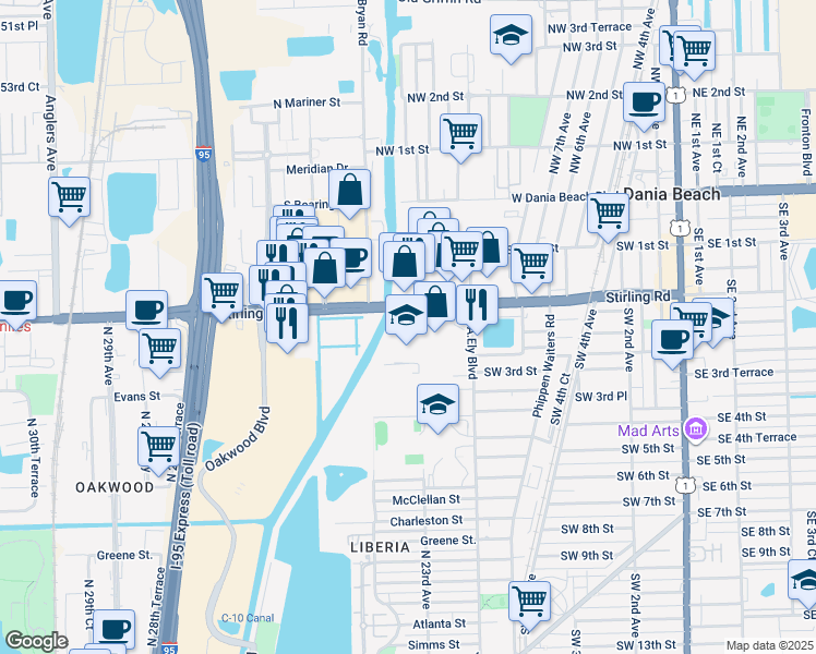 map of restaurants, bars, coffee shops, grocery stores, and more near 1249 Stirling Road in Dania Beach