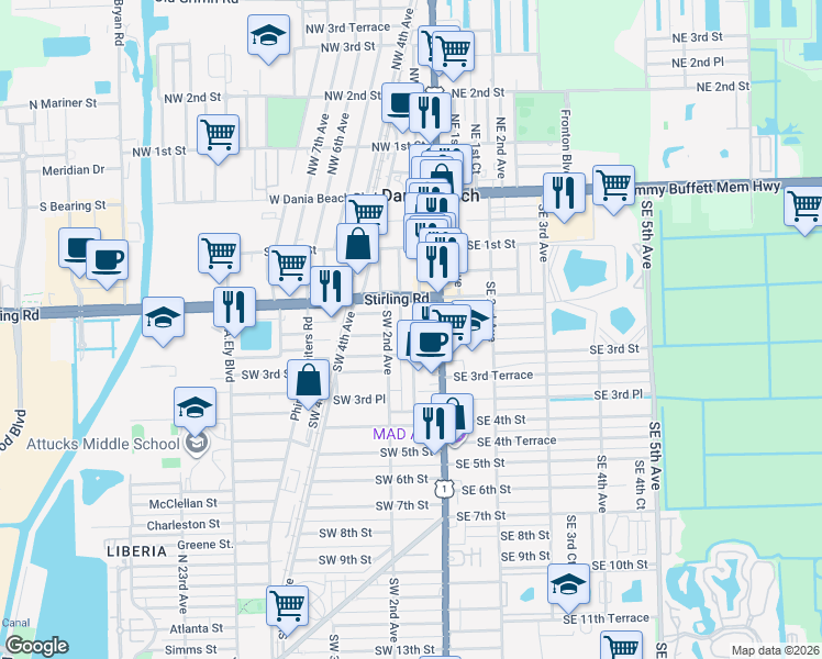 map of restaurants, bars, coffee shops, grocery stores, and more near in Dania Beach