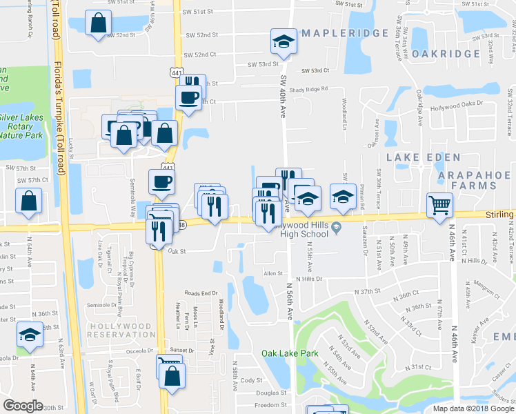 map of restaurants, bars, coffee shops, grocery stores, and more near 4051 Stirling Road in Davie