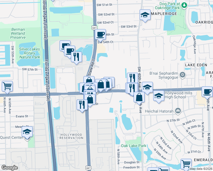 map of restaurants, bars, coffee shops, grocery stores, and more near 4464 Southwest 59th Court in Davie