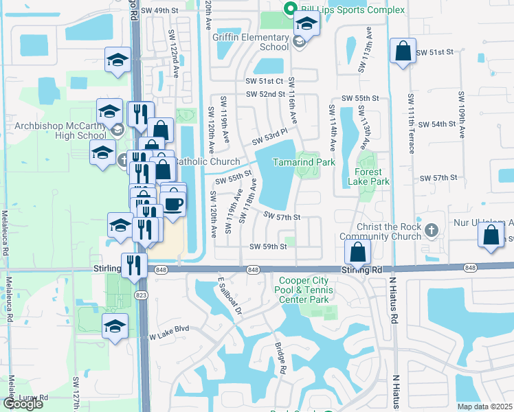 map of restaurants, bars, coffee shops, grocery stores, and more near 11745 Southwest 57th Street in Cooper City