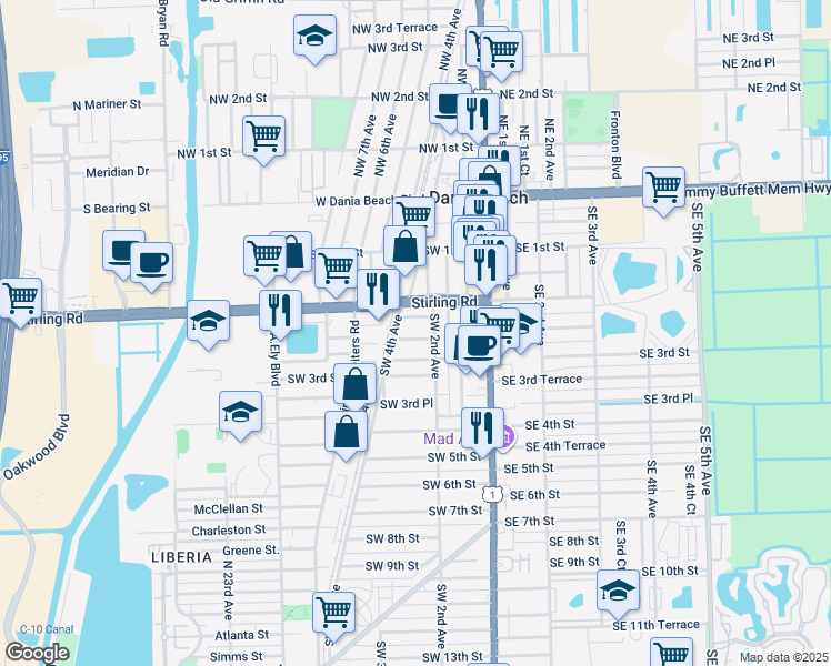 map of restaurants, bars, coffee shops, grocery stores, and more near 214 Southwest 2nd Place in Dania Beach