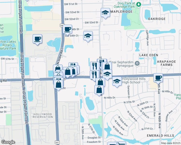 map of restaurants, bars, coffee shops, grocery stores, and more near 4051 Stirling Road in Davie