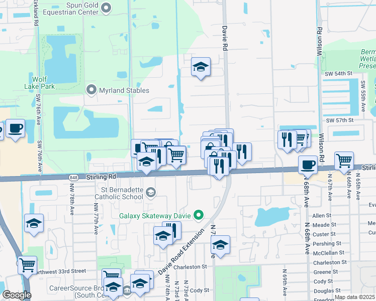 map of restaurants, bars, coffee shops, grocery stores, and more near 6603 Hidden Cove Drive in Davie