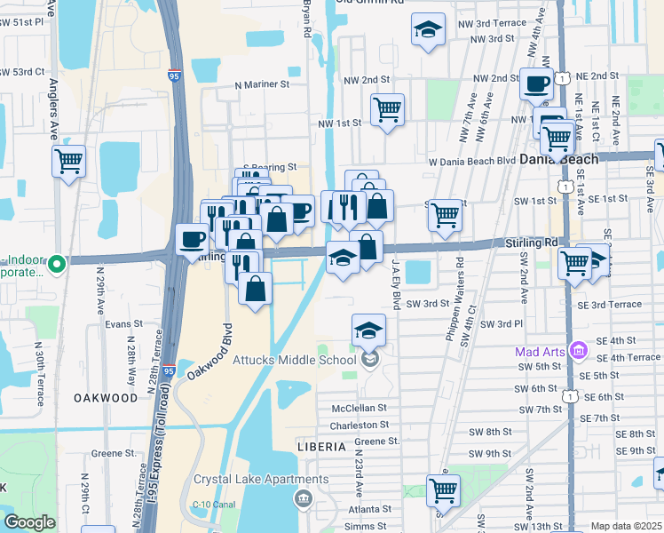 map of restaurants, bars, coffee shops, grocery stores, and more near Stirling Road in Dania Beach