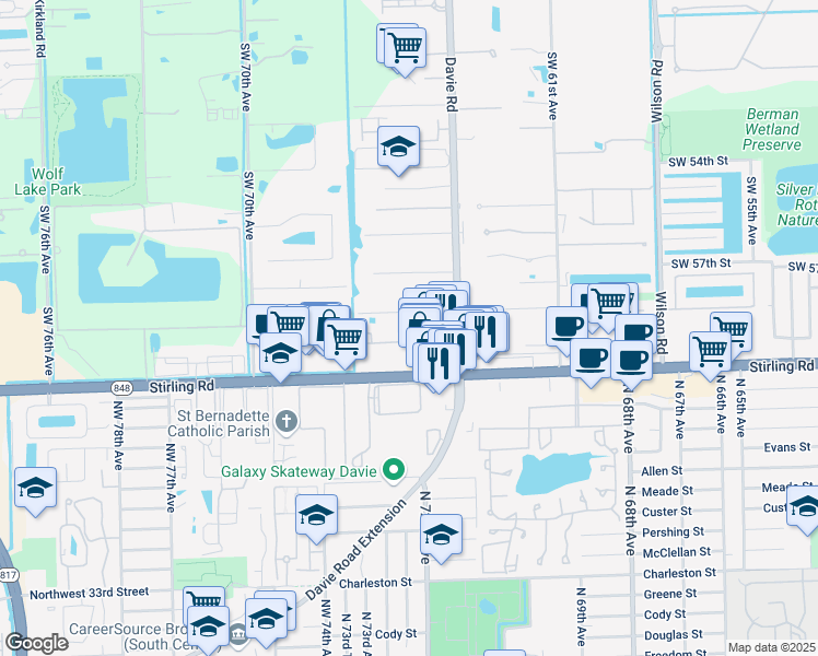 map of restaurants, bars, coffee shops, grocery stores, and more near 6507 Hidden Cove Drive in Davie