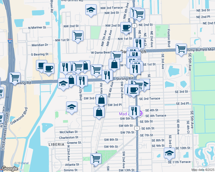 map of restaurants, bars, coffee shops, grocery stores, and more near 409 Southwest 2nd Terrace in Dania Beach