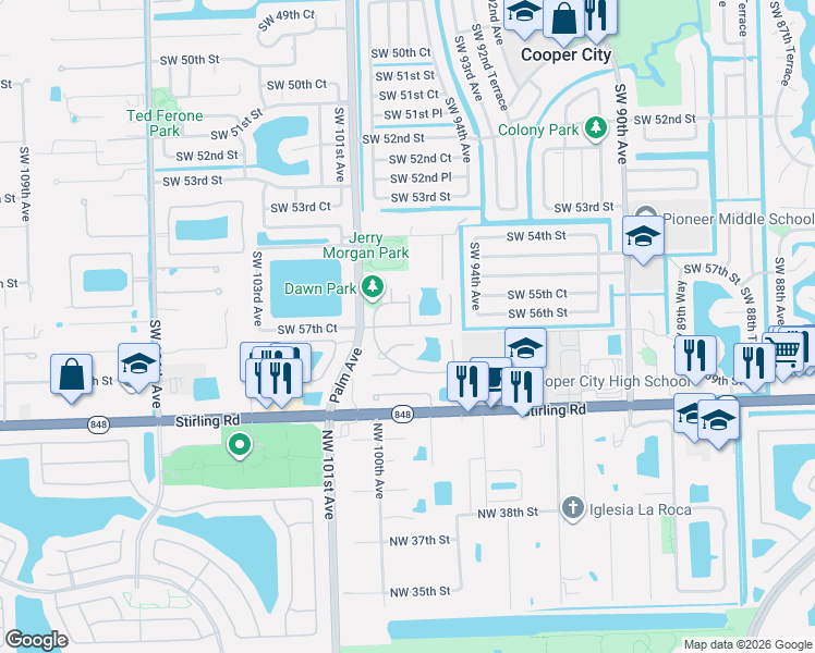 map of restaurants, bars, coffee shops, grocery stores, and more near 9810 Southwest 57th Street in Cooper City