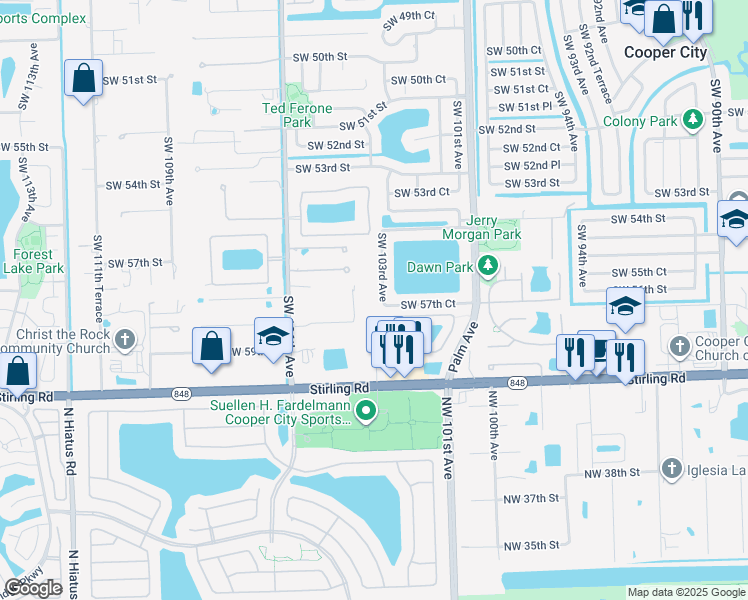 map of restaurants, bars, coffee shops, grocery stores, and more near 5697 Southwest 103rd Avenue in Cooper City