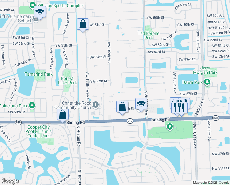 map of restaurants, bars, coffee shops, grocery stores, and more near 10951 Southwest 58th Court in Davie