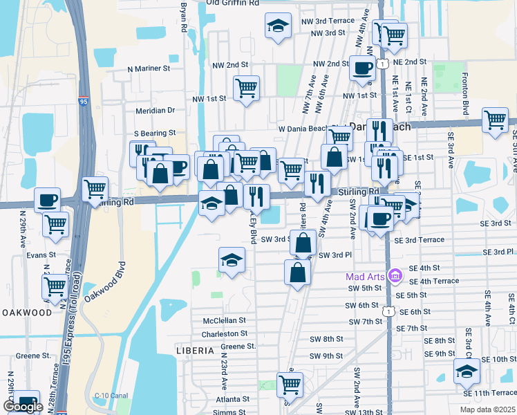 map of restaurants, bars, coffee shops, grocery stores, and more near 215 Southwest 12th Avenue in Dania Beach