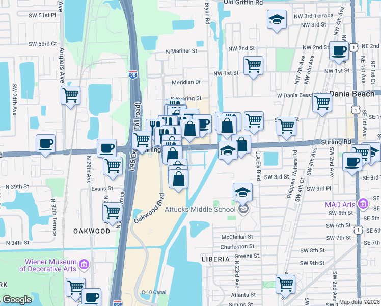 map of restaurants, bars, coffee shops, grocery stores, and more near 1500-2498 Stirling Rd in Hollywood