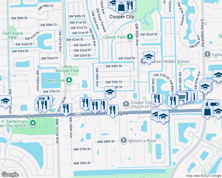 map of restaurants, bars, coffee shops, grocery stores, and more near 9401 Stirling Road in Cooper City