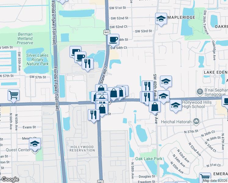 map of restaurants, bars, coffee shops, grocery stores, and more near 4464 Southwest 59th Court in Davie