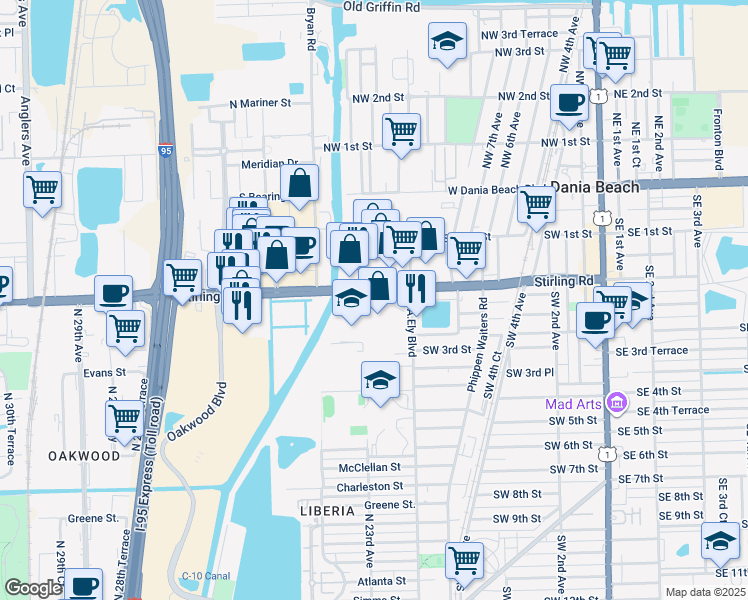 map of restaurants, bars, coffee shops, grocery stores, and more near 1249 Stirling Road in Dania Beach