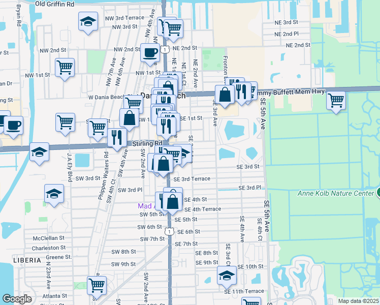 map of restaurants, bars, coffee shops, grocery stores, and more near 22 Southeast 2nd Avenue in Dania Beach