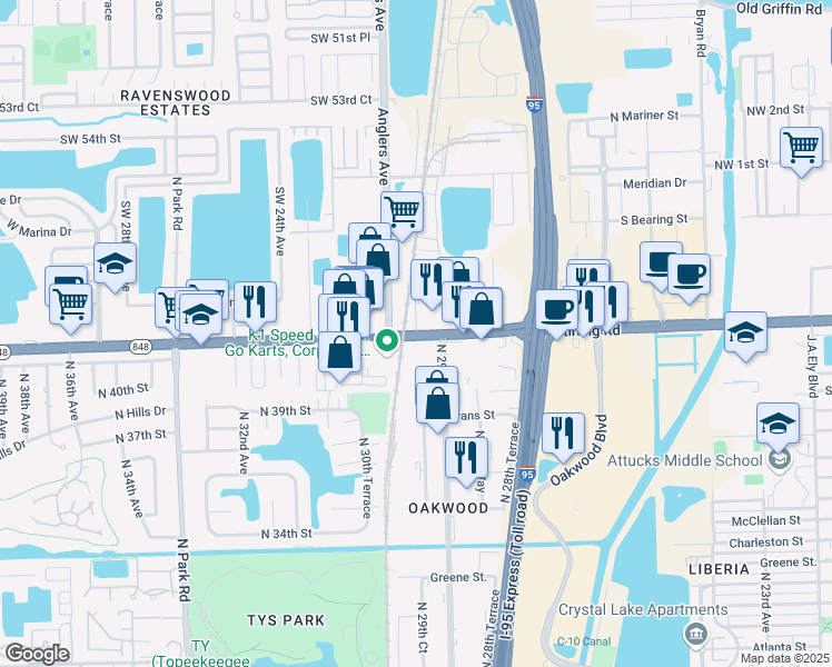 map of restaurants, bars, coffee shops, grocery stores, and more near 2910 Stirling Rd in Hollywood