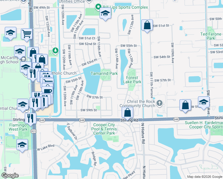 map of restaurants, bars, coffee shops, grocery stores, and more near 11556 Southwest 56th Court in Cooper City