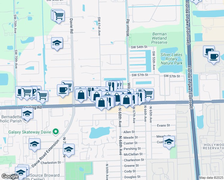map of restaurants, bars, coffee shops, grocery stores, and more near 5940 Southwest 58th Court in Davie