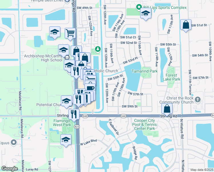 map of restaurants, bars, coffee shops, grocery stores, and more near 5700 Southwest 120th Avenue in Cooper City