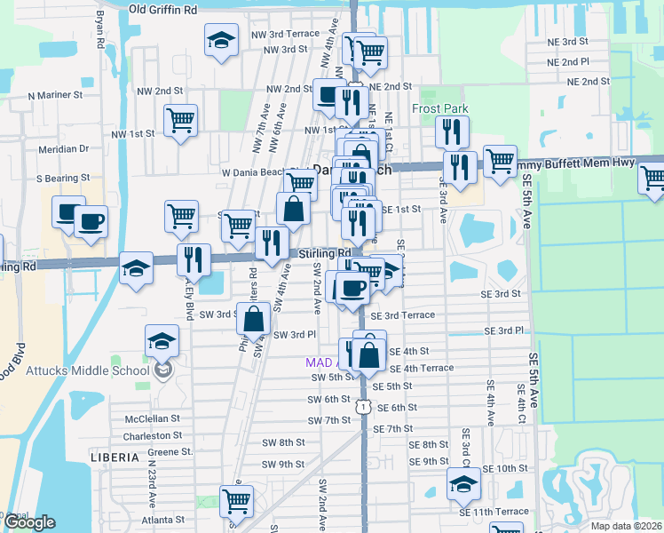 map of restaurants, bars, coffee shops, grocery stores, and more near 239 Southwest 1st Court in Dania Beach