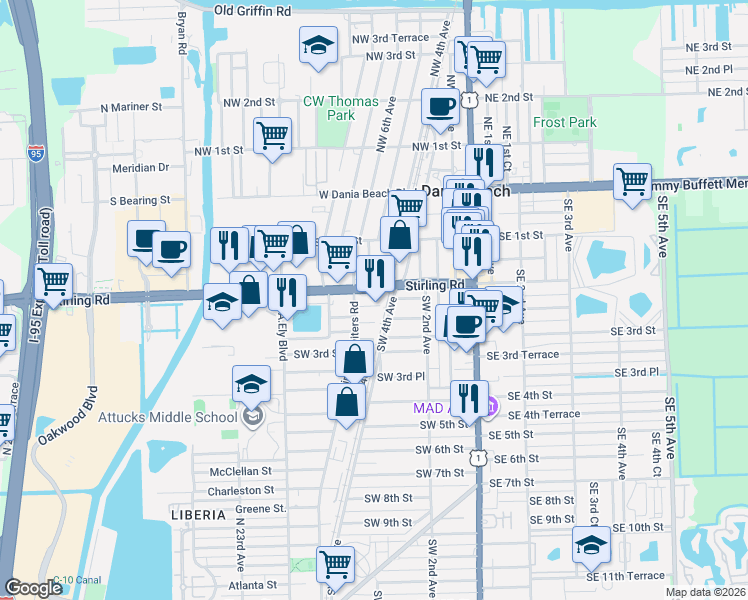 map of restaurants, bars, coffee shops, grocery stores, and more near 409 Southwest 2nd Terrace in Dania Beach