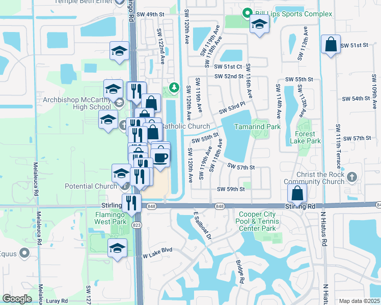 map of restaurants, bars, coffee shops, grocery stores, and more near 5700 Southwest 120th Avenue in Cooper City