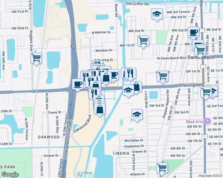 map of restaurants, bars, coffee shops, grocery stores, and more near Stirling Road in Dania Beach