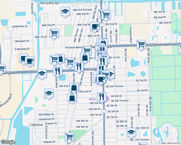 map of restaurants, bars, coffee shops, grocery stores, and more near 214 Southwest 2nd Place in Dania Beach