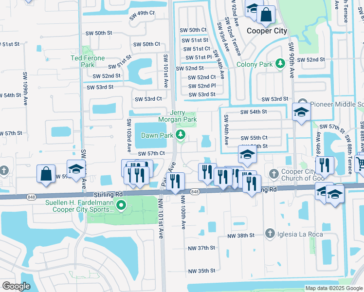 map of restaurants, bars, coffee shops, grocery stores, and more near 9810 Southwest 57th Street in Cooper City