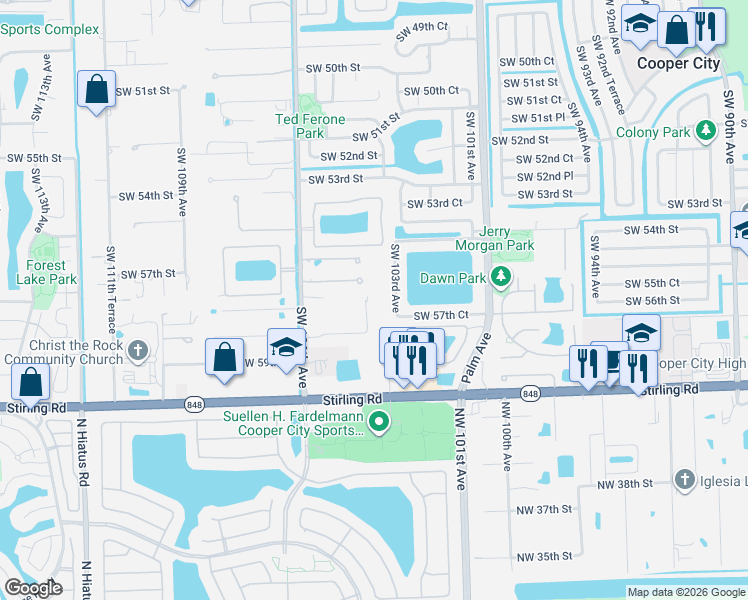 map of restaurants, bars, coffee shops, grocery stores, and more near 5697 Southwest 103rd Avenue in Cooper City