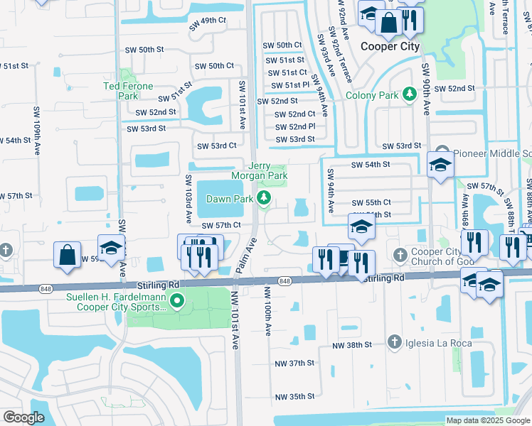 map of restaurants, bars, coffee shops, grocery stores, and more near 9810 Southwest 57th Street in Cooper City