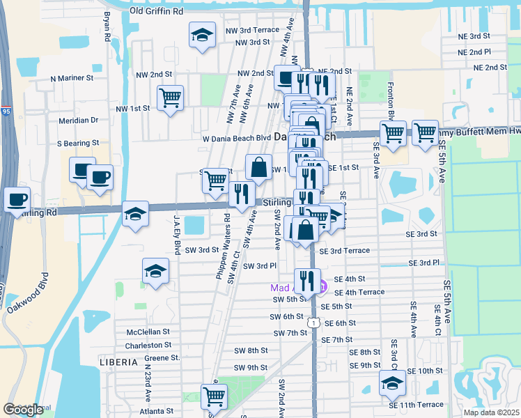 map of restaurants, bars, coffee shops, grocery stores, and more near in Dania Beach