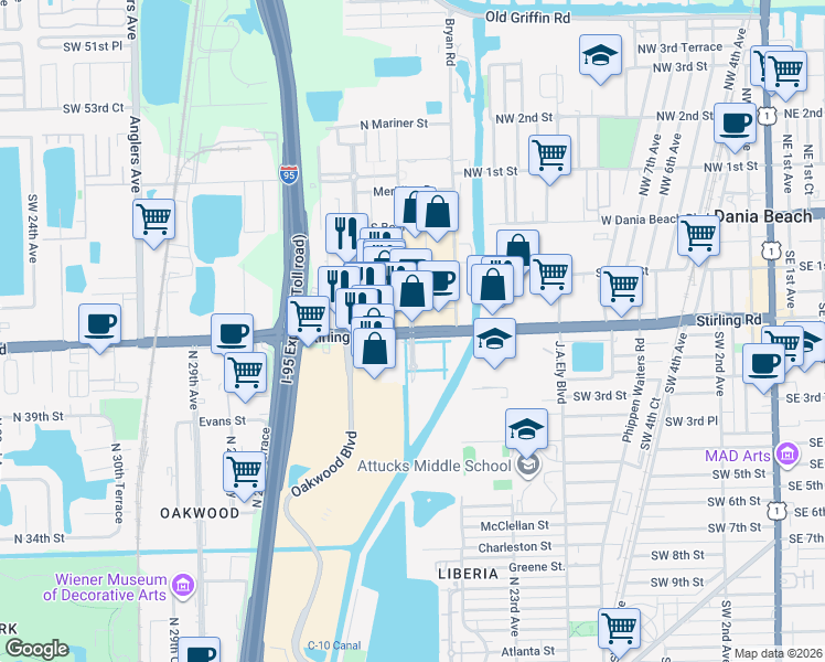 map of restaurants, bars, coffee shops, grocery stores, and more near Stirling Road in Hollywood