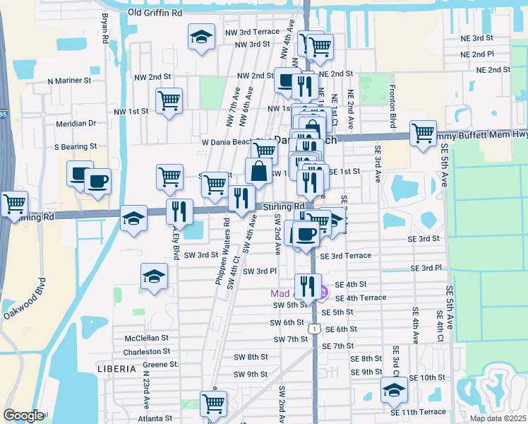 map of restaurants, bars, coffee shops, grocery stores, and more near in Dania Beach