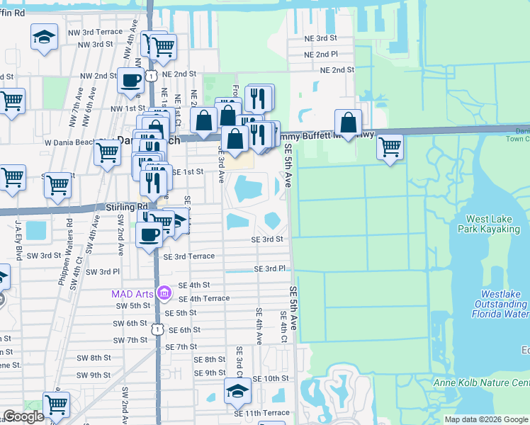 map of restaurants, bars, coffee shops, grocery stores, and more near 131 Southeast 3rd Avenue in Dania Beach