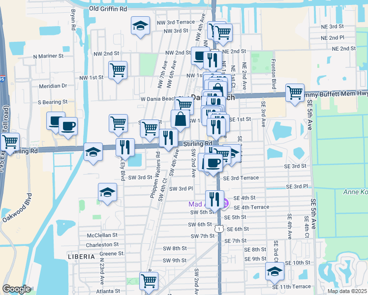 map of restaurants, bars, coffee shops, grocery stores, and more near in Dania Beach