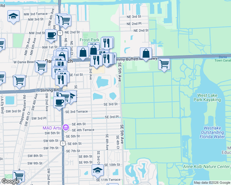 map of restaurants, bars, coffee shops, grocery stores, and more near 200 Southeast 5th Avenue in Dania Beach