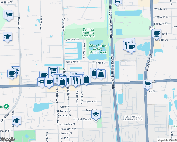 map of restaurants, bars, coffee shops, grocery stores, and more near 5731 Southwest 54th Avenue in Davie