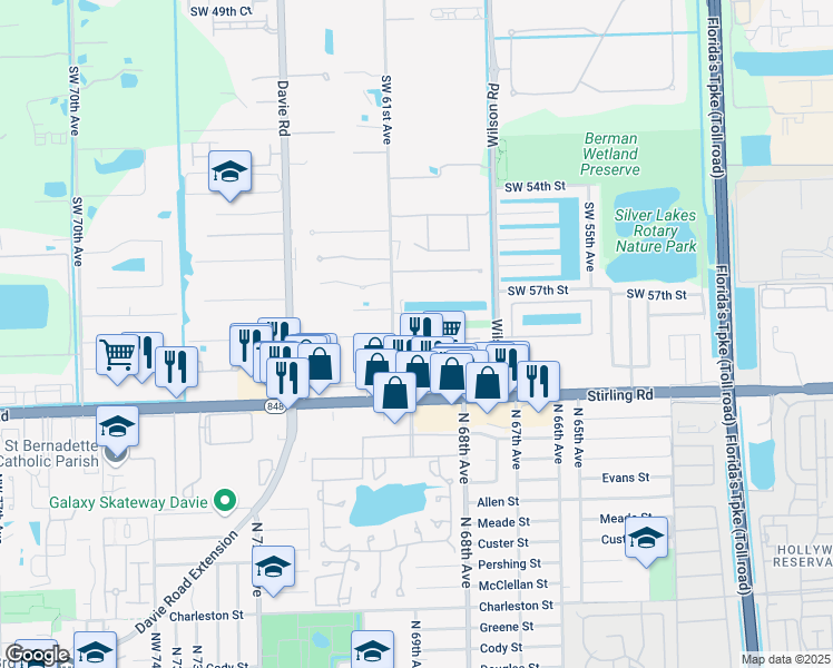 map of restaurants, bars, coffee shops, grocery stores, and more near 5780 Southwest 61st Avenue in Davie