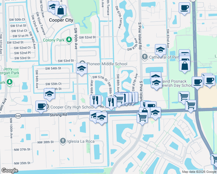 map of restaurants, bars, coffee shops, grocery stores, and more near 5701 Southwest 88th Terrace in Cooper City