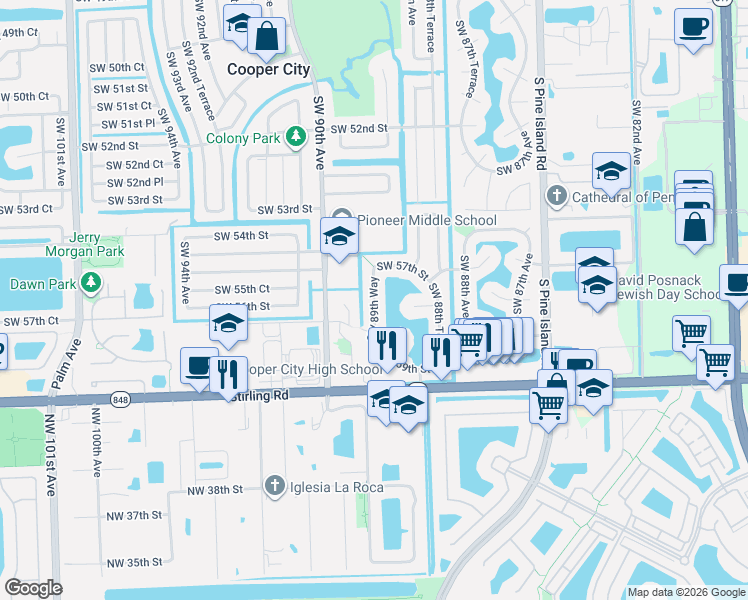 map of restaurants, bars, coffee shops, grocery stores, and more near 5726 Southwest 89th Way in Cooper City
