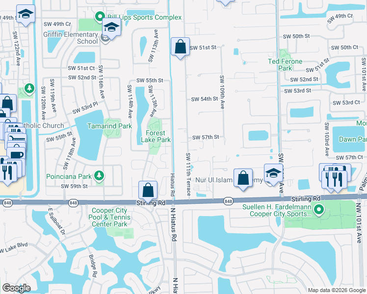 map of restaurants, bars, coffee shops, grocery stores, and more near 11125 Southwest 57th Court in Davie
