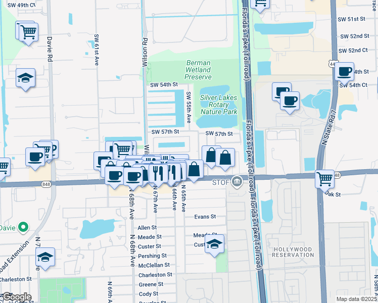 map of restaurants, bars, coffee shops, grocery stores, and more near 5490 Southwest 58th Court in Davie
